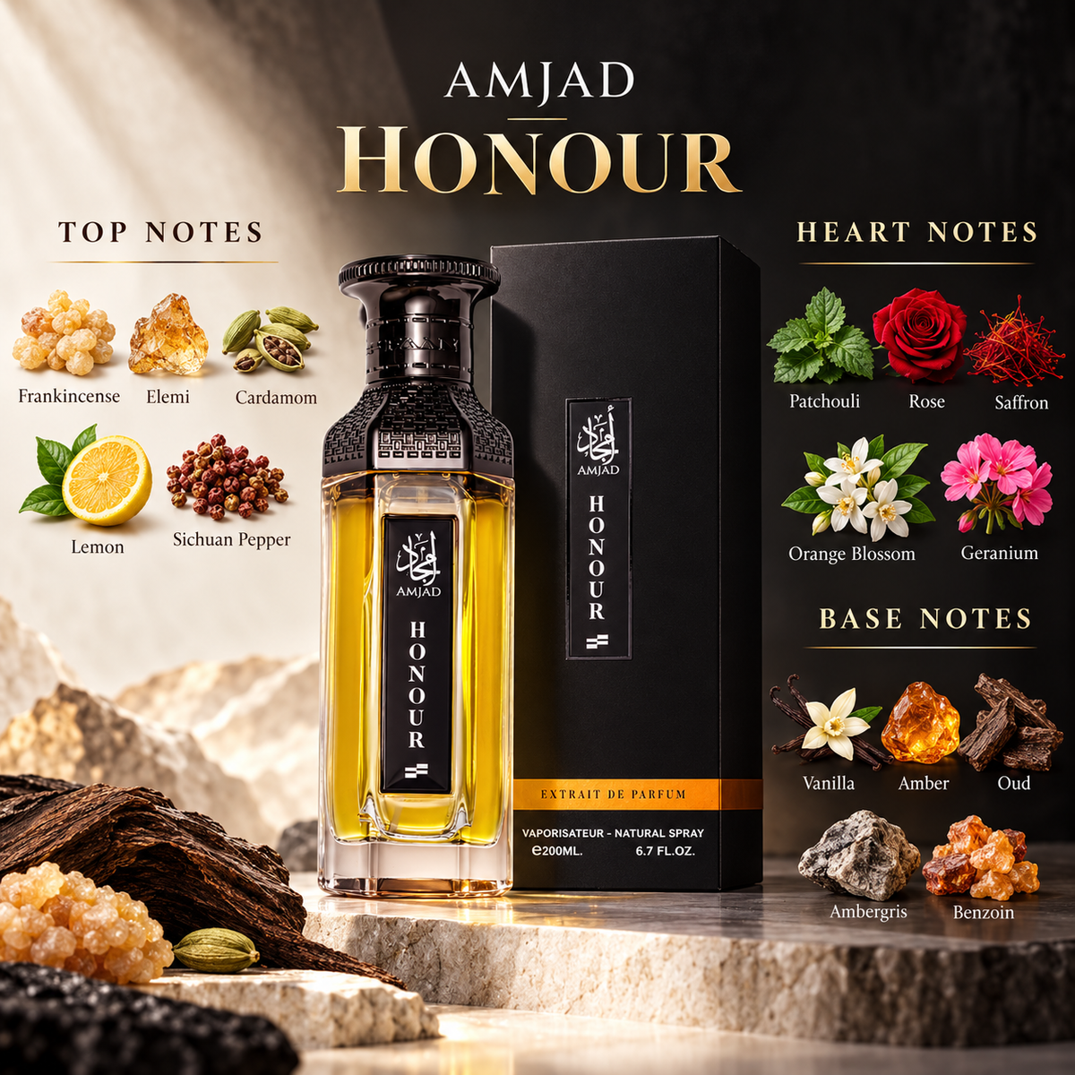 FAAN Amjad Honour 200ml fragrance notes: frankincense, elemi, cardamom, lemon and Sichuan pepper; patchouli, rose, saffron, orange blossom and geranium; vanilla, amber, oud, ambergris and benzoin
