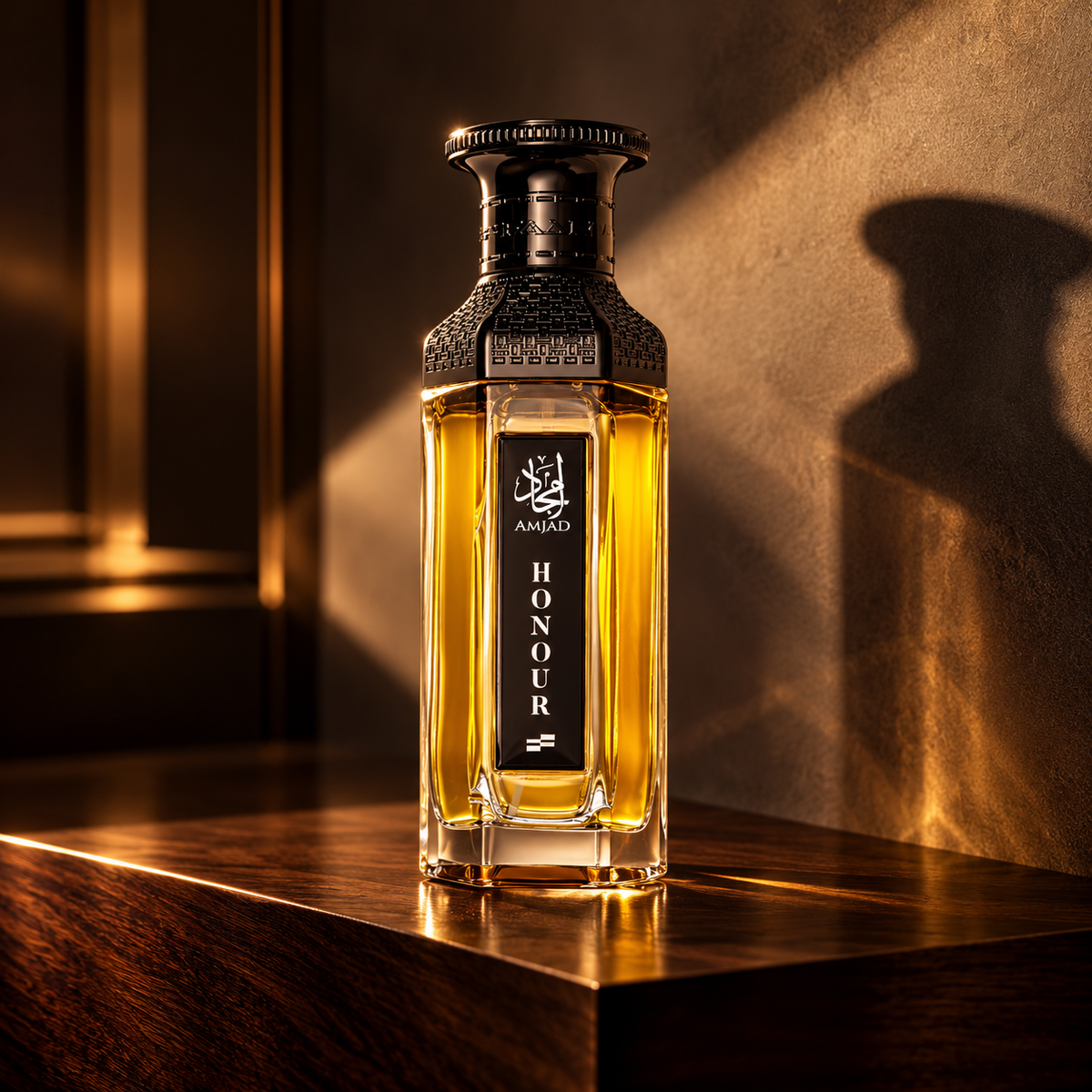 FAAN Amjad Honour 200ml bottle on dark wood with cinematic amber lighting