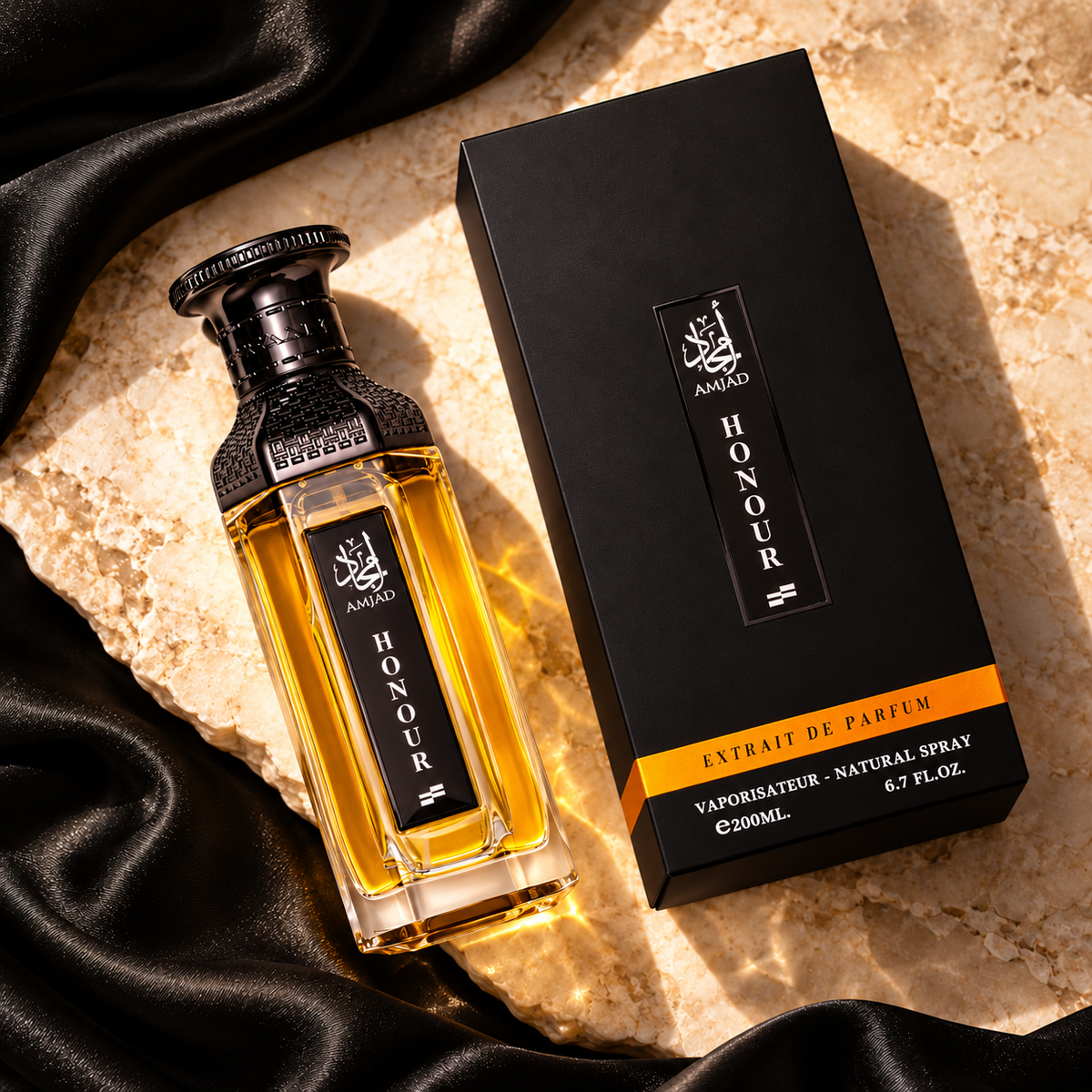 FAAN Amjad Honour 200ml bottle and original box photographed overhead on ivory stone and black silk