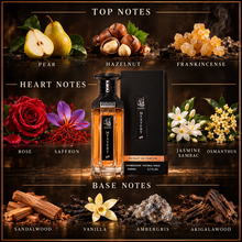 Amjad Mystery notes: pear, hazelnut, frankincense; rose, saffron, jasmine sambac, osmanthus; sandalwood, vanilla, ambergris, Akigalawood
