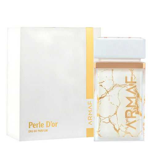 Armaf Perle D'or Eau de Parfum bottle and box with gold marble design, luxury Arabian perfume