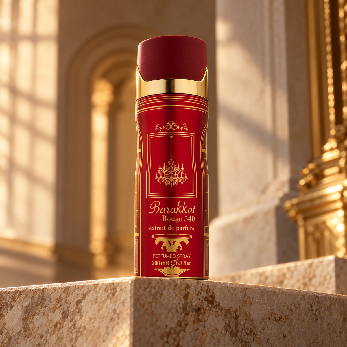 Fragrance World Barakkat Rouge 540 Extrait 200ml spray can alone on a premium stone display