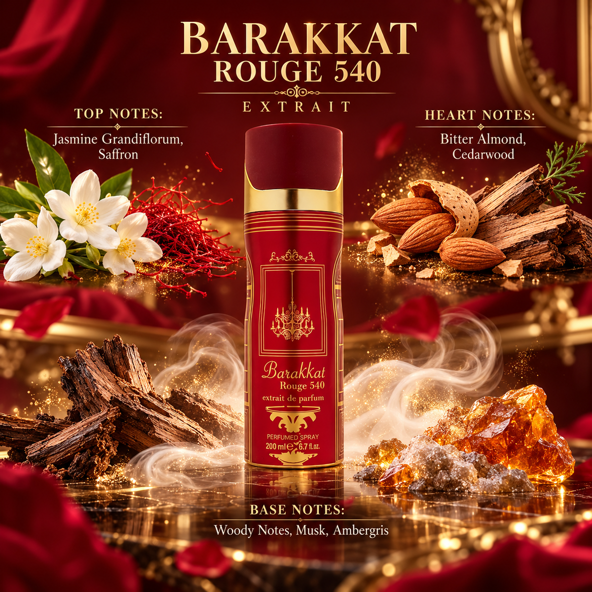 Fragrance World Barakkat Rouge 540 Extrait fragrance notes: top Jasmine Grandiflorum, Saffron; heart Bitter Almond, Cedarwood; base Woody Notes, Musk, Ambergris