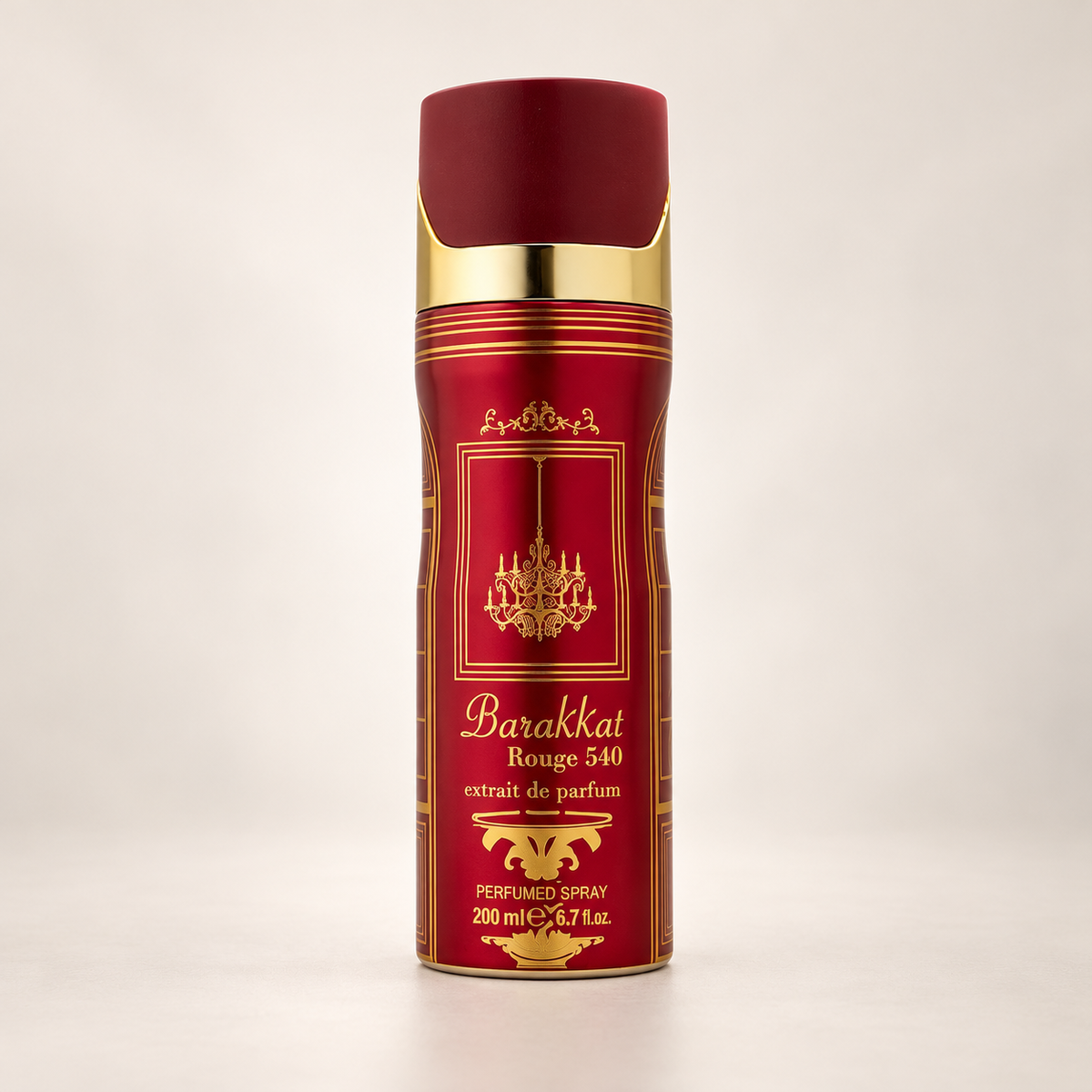 Fragrance World Barakkat Rouge 540 Extrait 200ml original can and front label in studio lighting