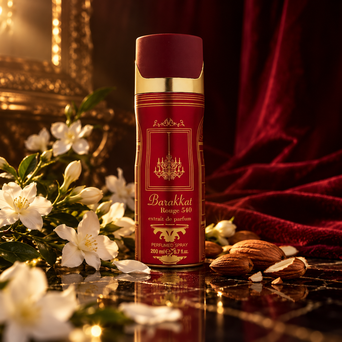 Fragrance World Barakkat Rouge 540 Extrait 200ml perfumed spray can in a cinematic scent-inspired composition