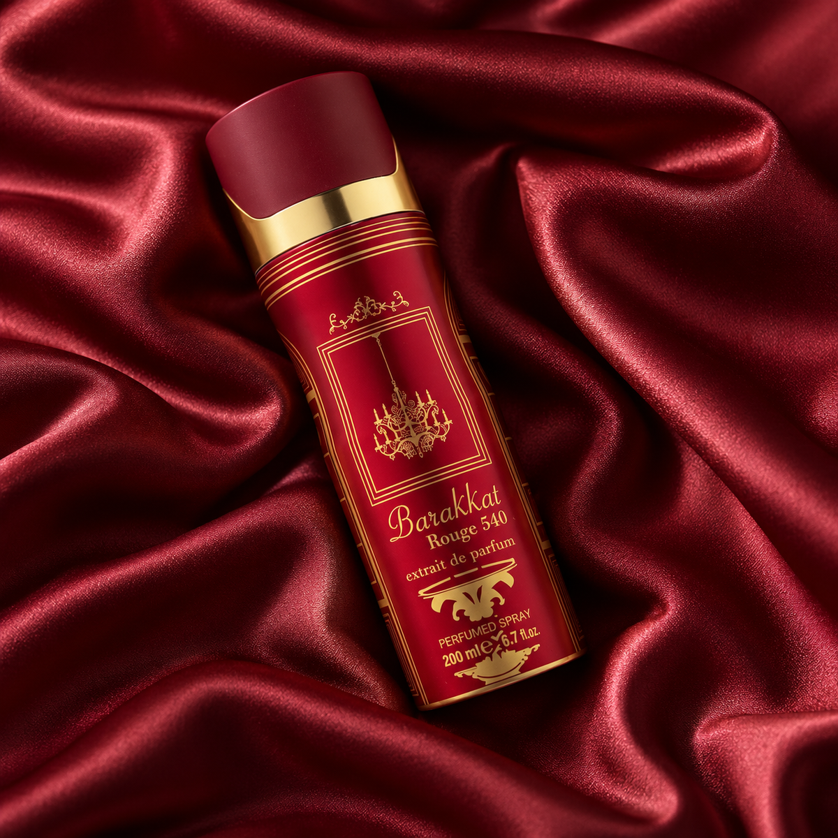 Fragrance World Barakkat Rouge 540 Extrait 200ml can in an overhead silk composition