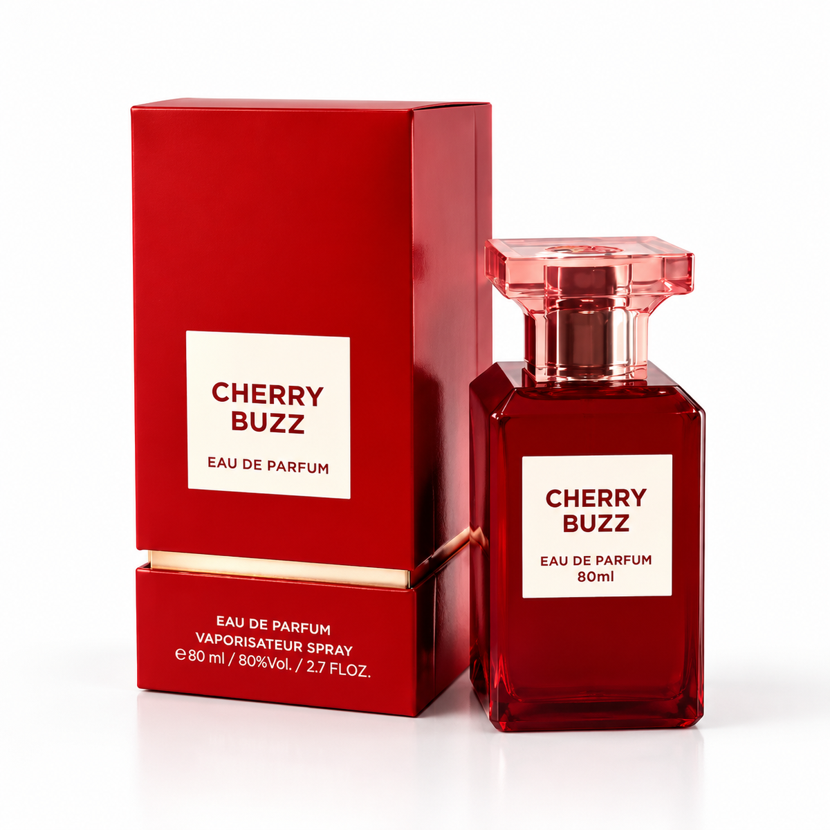 Fragrance World Cherry Buzz 80ml perfume bottle with original retail box on white