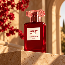 Fragrance World Cherry Buzz 80ml bottle alone on a premium stone display