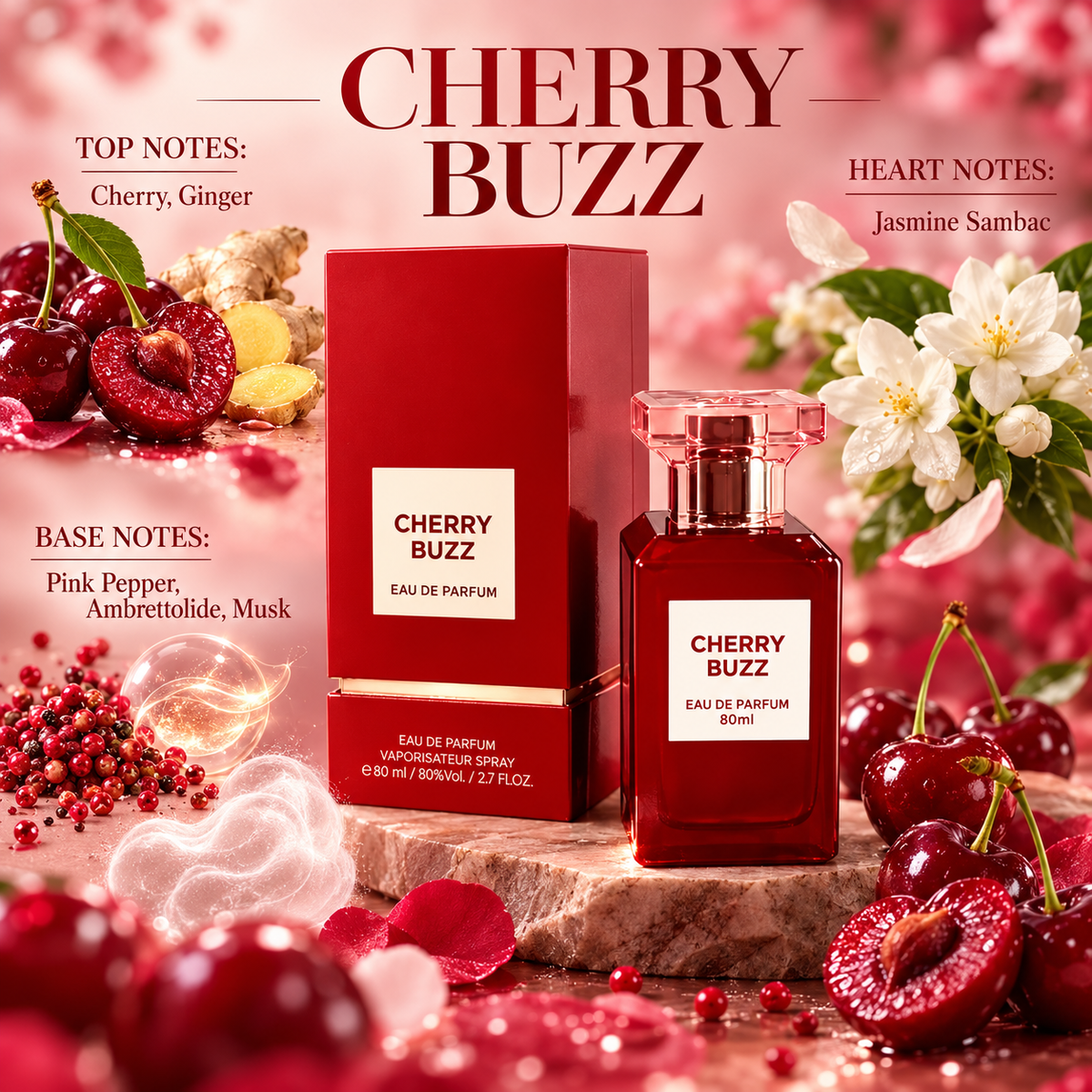 Fragrance World Cherry Buzz fragrance notes: top Cherry, Ginger; heart Jasmine Sambac; base Pink Pepper, Ambrettolide, Musk