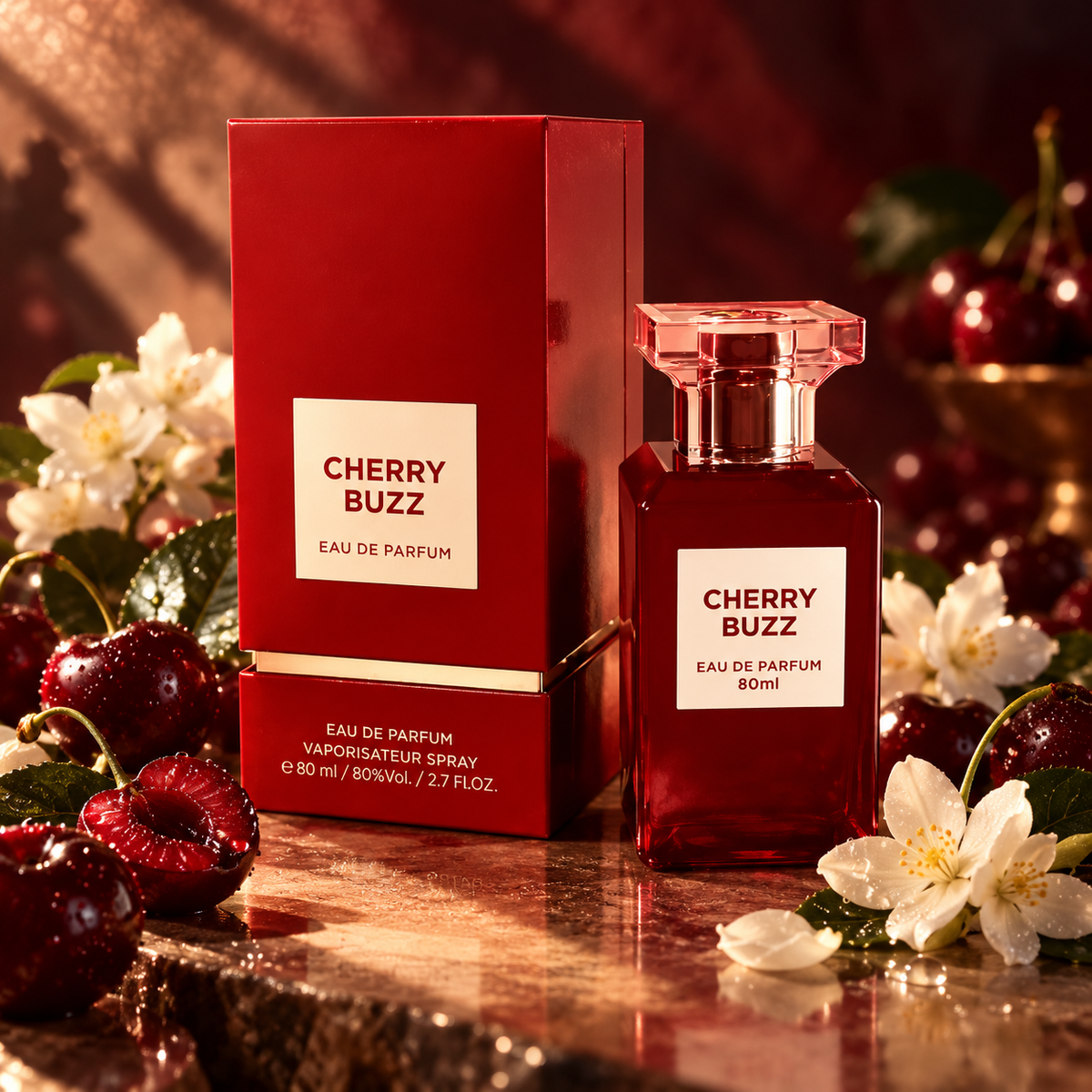 Fragrance World Cherry Buzz 80ml bottle and original box in a cinematic scent-inspired composition