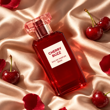 Fragrance World Cherry Buzz 80ml bottle in an overhead silk composition