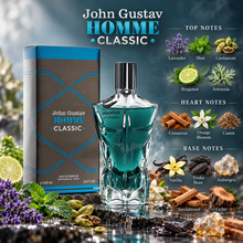 Fragrance World John Gustav Homme Classic fragrance notes: top Lavender, Mint, Cardamom, Bergamot, Artemisia; heart Cinnamon, Orange Blossom, Cumin; base Vanilla, Tonka Bean, Ambergris, Sandalwood, Cedar