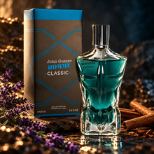 Fragrance World John Gustav Homme Classic 100ml bottle and original box in a cinematic scent-inspired composition