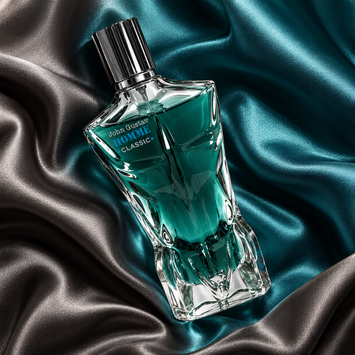 Fragrance World John Gustav Homme Classic 100ml bottle in an overhead silk composition