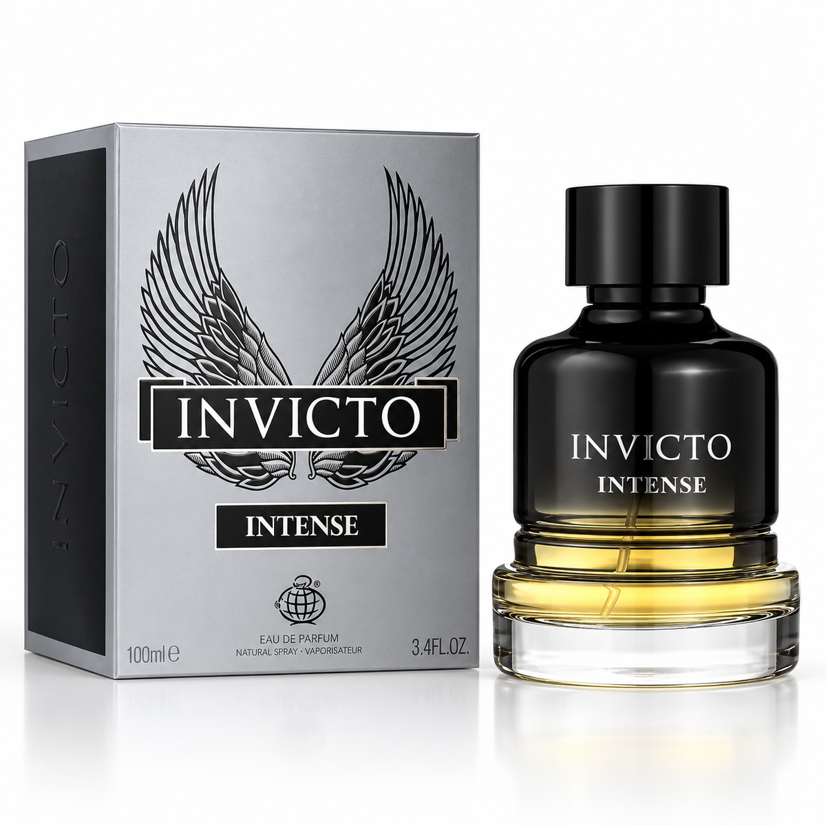 Fragrance World Invicto Intense 100ml perfume bottle with original retail box on white