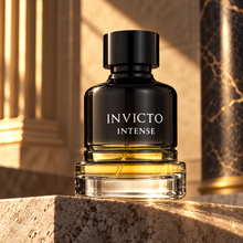 Fragrance World Invicto Intense 100ml bottle alone on a premium stone display