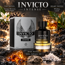 Fragrance World Invicto Intense fragrance notes: top Orange Blossom, Black Pepper; heart Whiskey, Laurel; base Amber, Ambergris, Salt