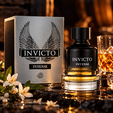 Fragrance World Invicto Intense 100ml bottle and original box in a cinematic scent-inspired composition