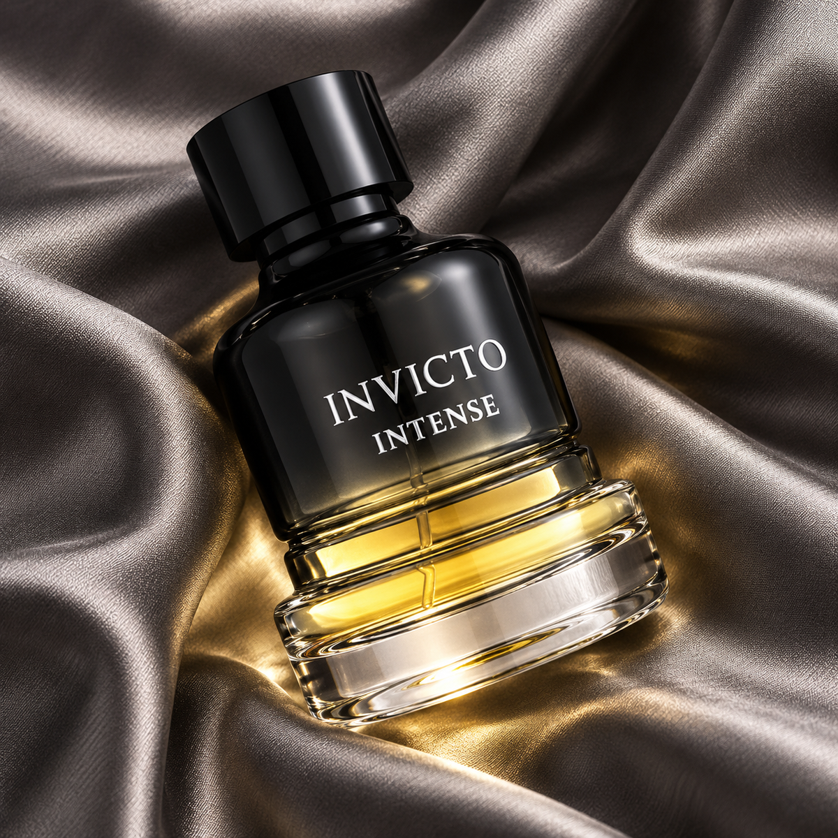 Fragrance World Invicto Intense 100ml bottle in an overhead silk composition