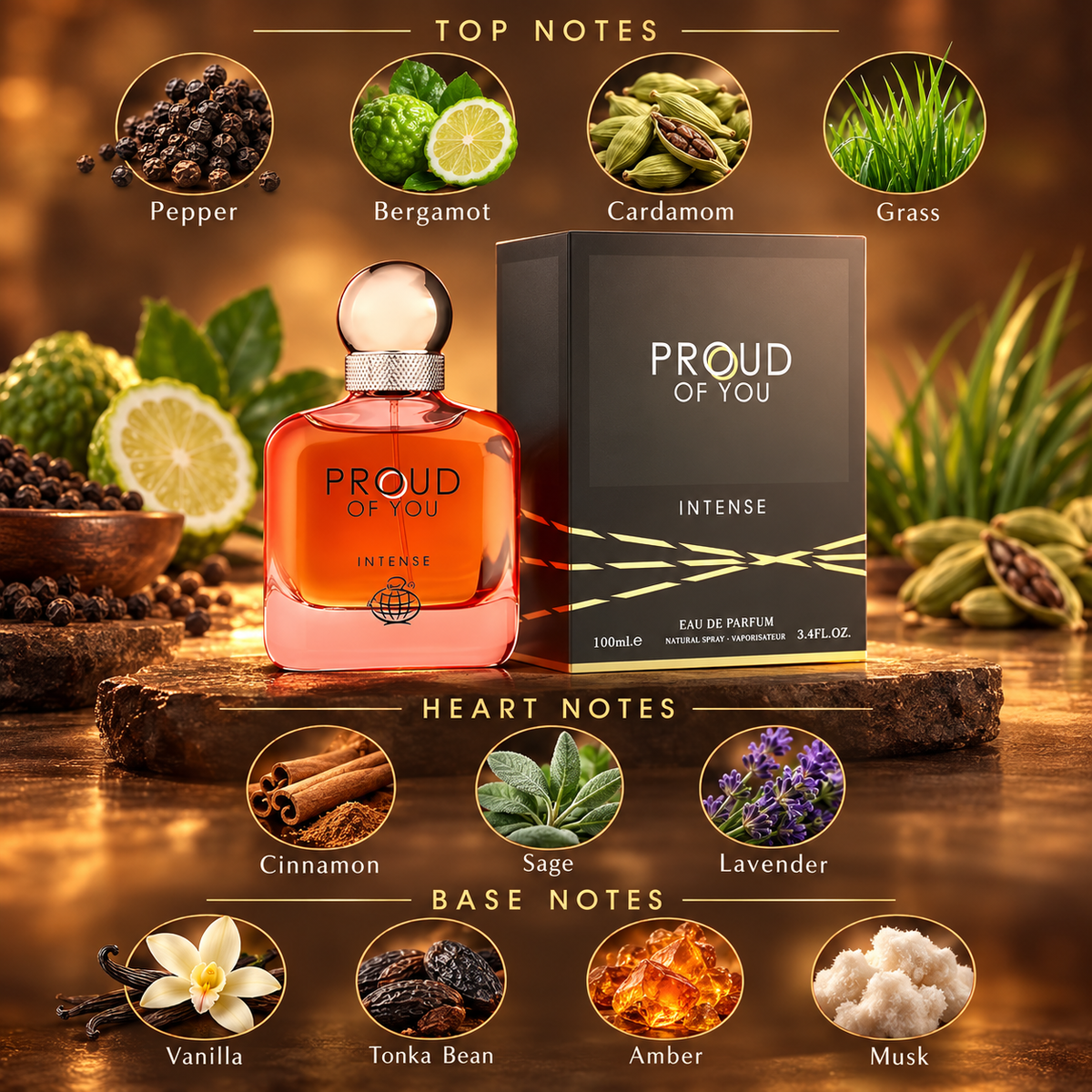 Fragrance World Proud Of You Intense Eau de Parfum 100ml Top Heart and Base fragrance notes