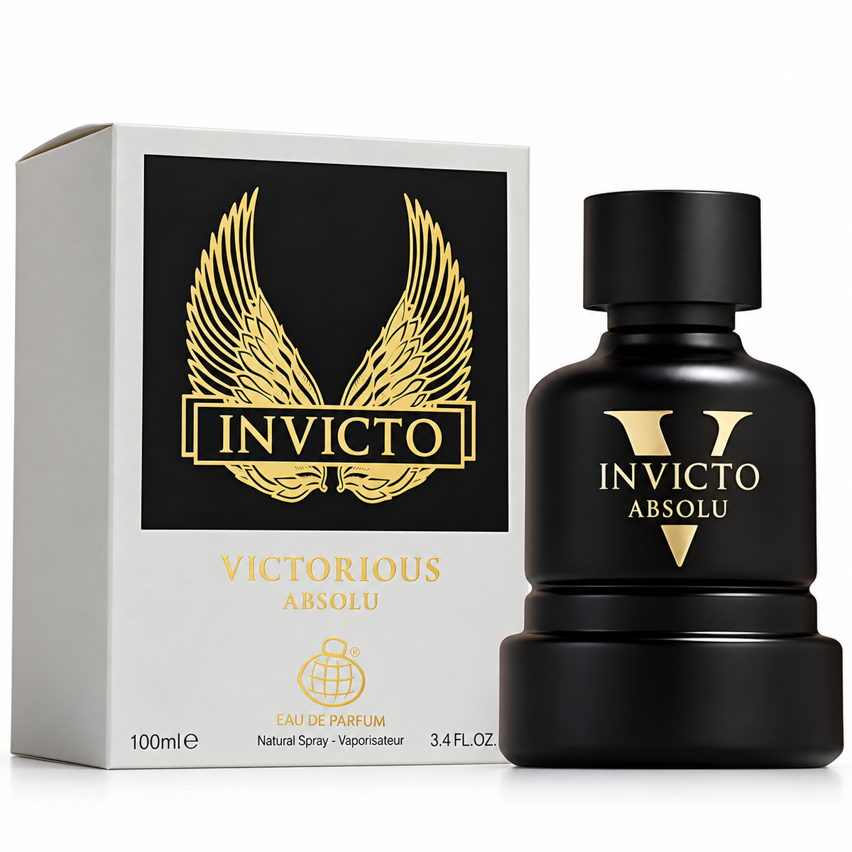 Fragrance World Invicto Victorious Absolu 100ml black bottle and original silver box on white