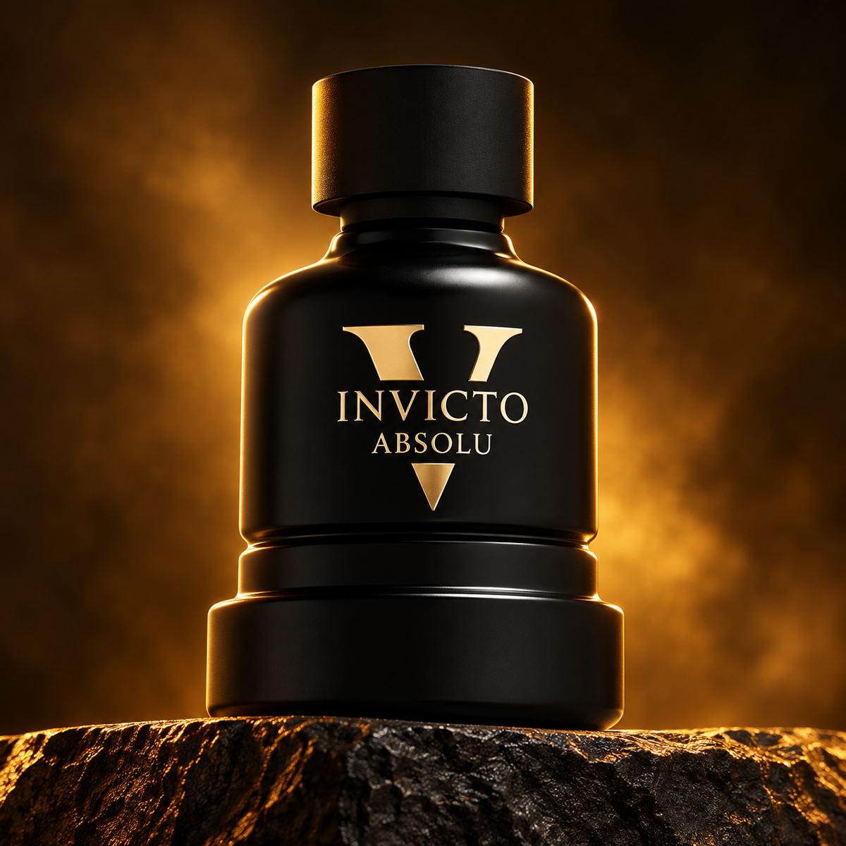 Invicto Absolu black and gold bottle on charcoal stone with amber lighting