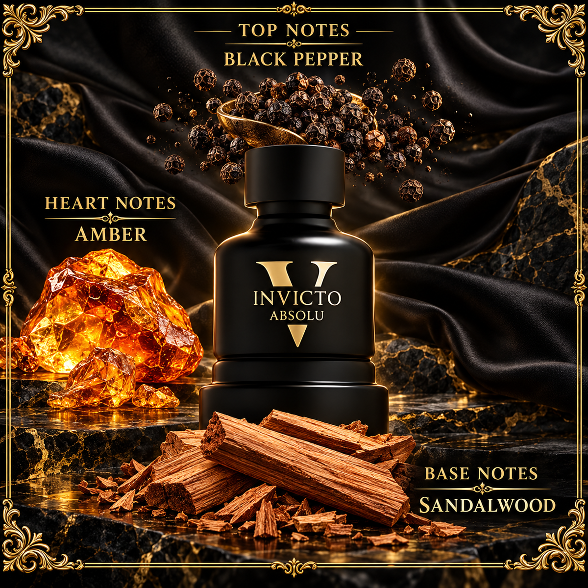 Invicto Victorious Absolu notes: black pepper top, amber heart and sandalwood base