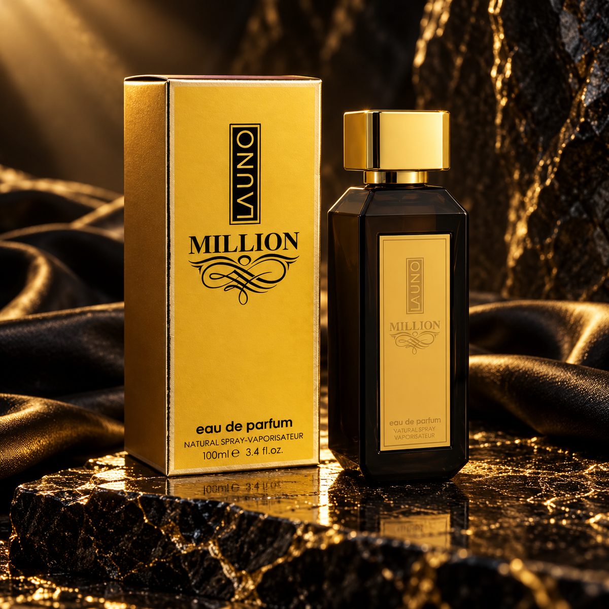 Fragrance World La Uno Million Eau de Parfum 100ml cinematic bottle and box