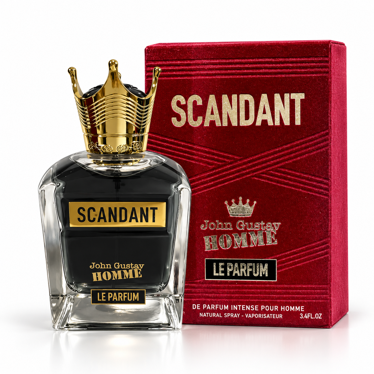 Fragrance World John Gustav Homme Scandant Le Parfum 100ml perfume bottle with original retail box on white