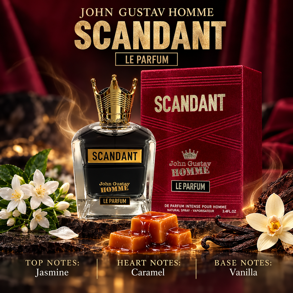 Fragrance World John Gustav Homme Scandant Le Parfum fragrance notes: top Jasmine; heart Caramel; base Vanilla