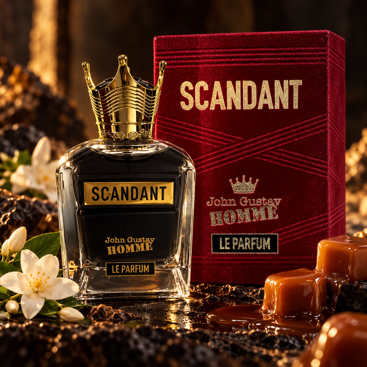Fragrance World John Gustav Homme Scandant Le Parfum 100ml bottle and original box in a cinematic scent-inspired composition