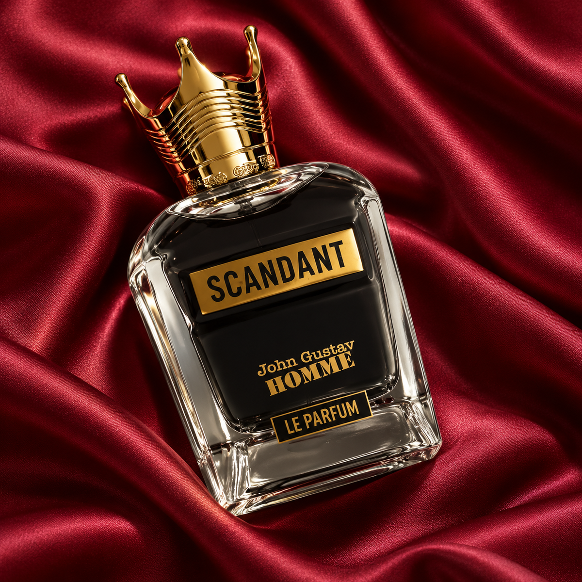 Fragrance World John Gustav Homme Scandant Le Parfum 100ml bottle in an overhead silk composition