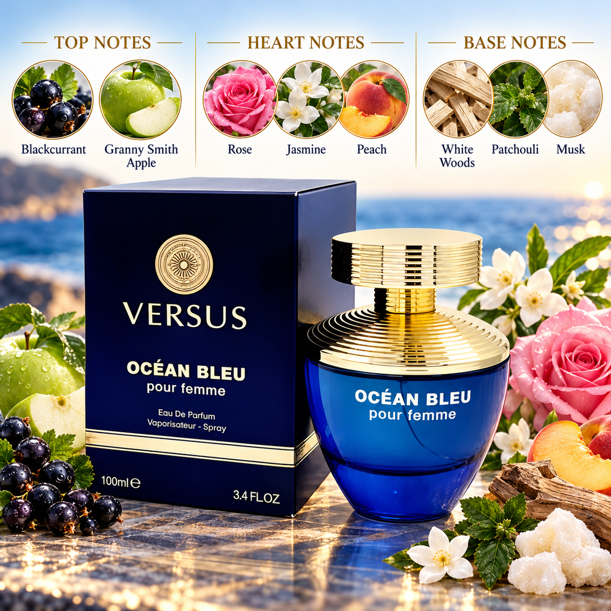 Fragrance World Versus Ocean Bleu Femme Eau de Parfum 100ml Top Heart and Base fragrance notes