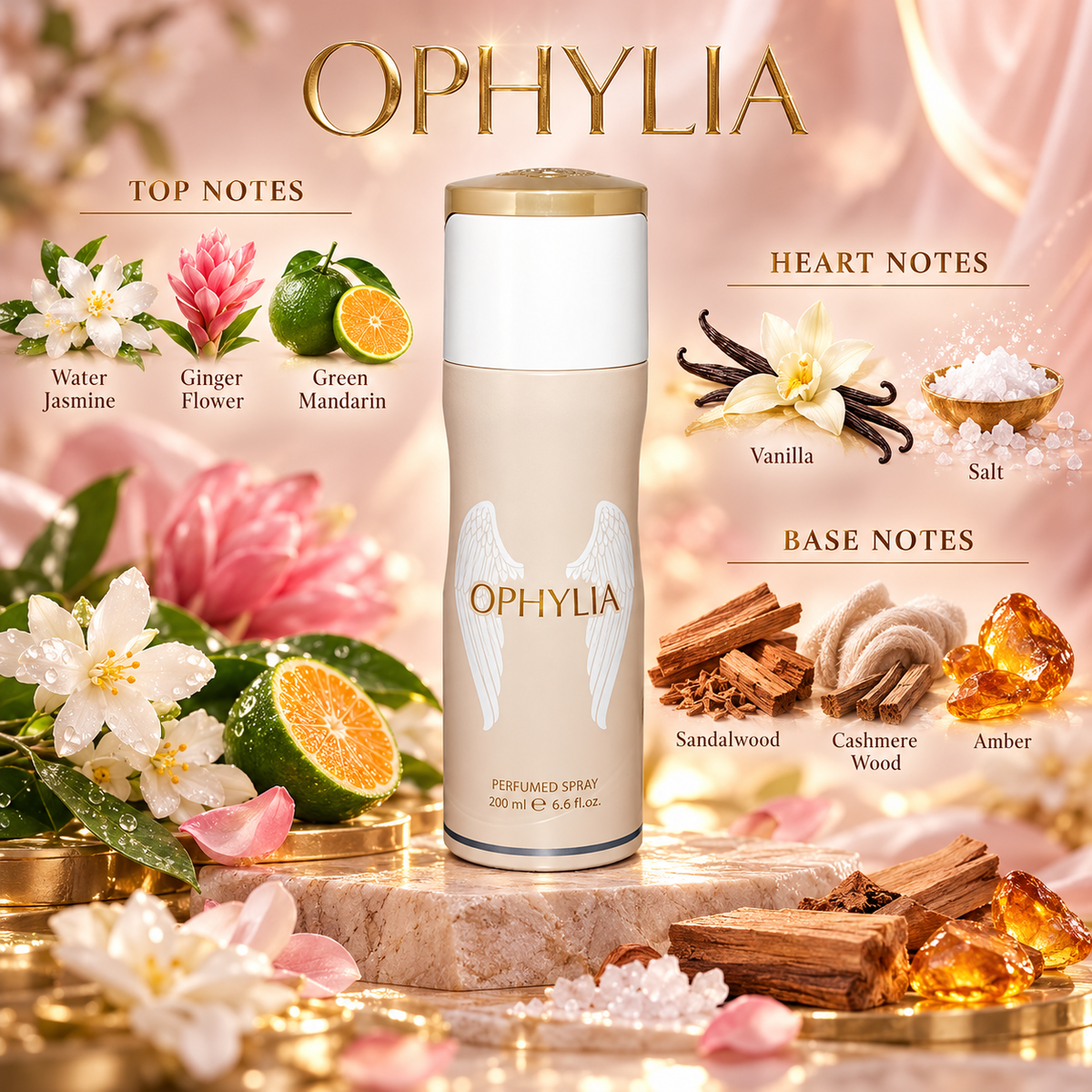 Fragrance World Ophylia fragrance notes: top Water Jasmine, Ginger Flower, Green Mandarin; heart Vanilla, Salt; base Sandalwood, Cashmere Wood, Amber