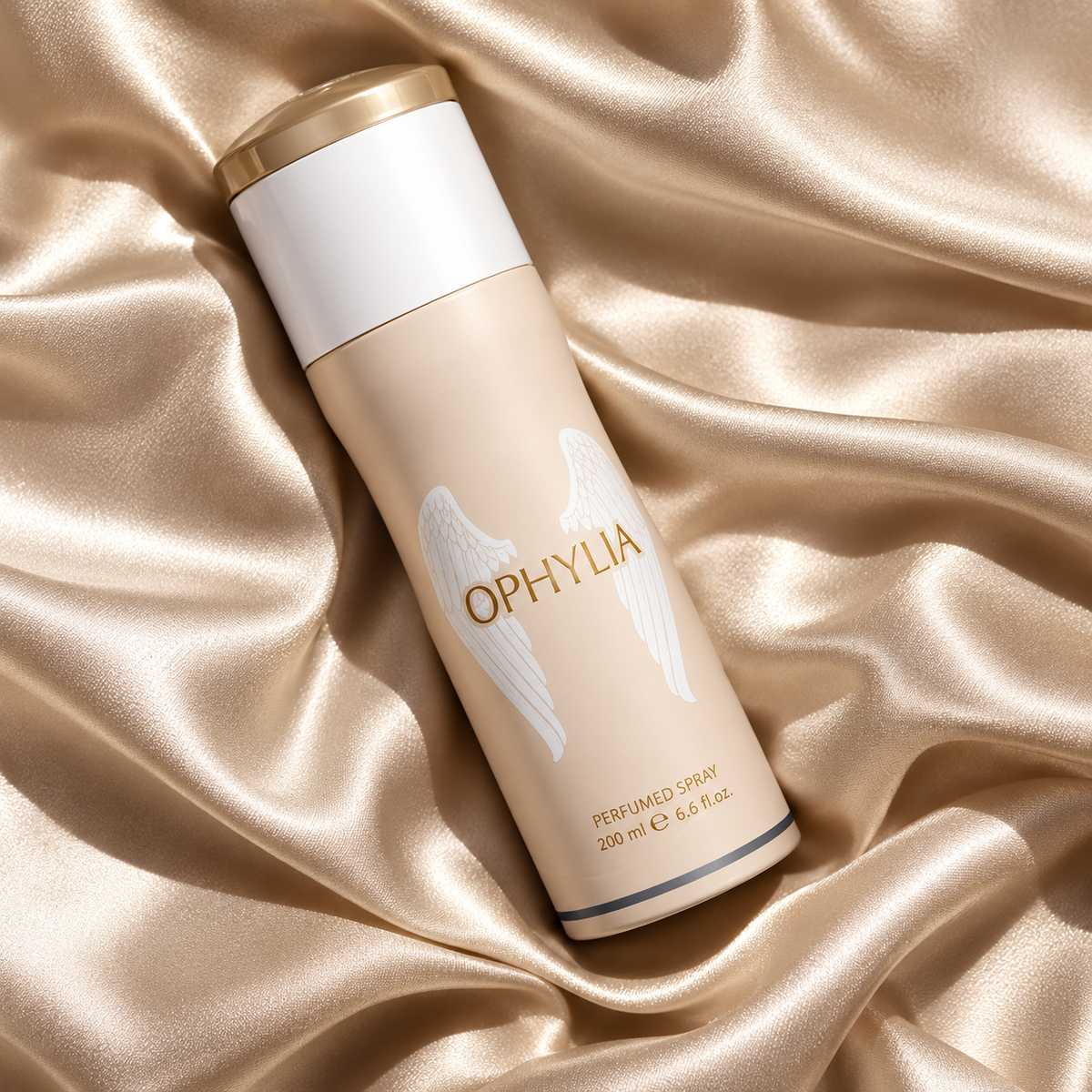 Fragrance World Ophylia 200ml can in an overhead silk composition