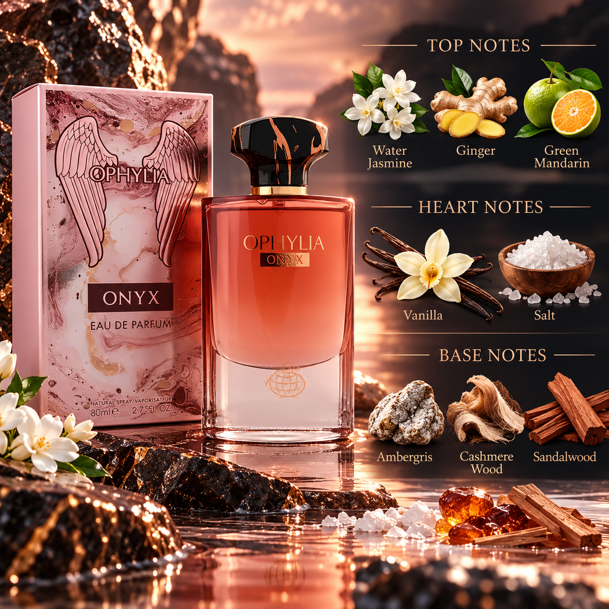 Fragrance World Ophylia Onyx Eau de Parfum 80ml Top Heart and Base fragrance notes