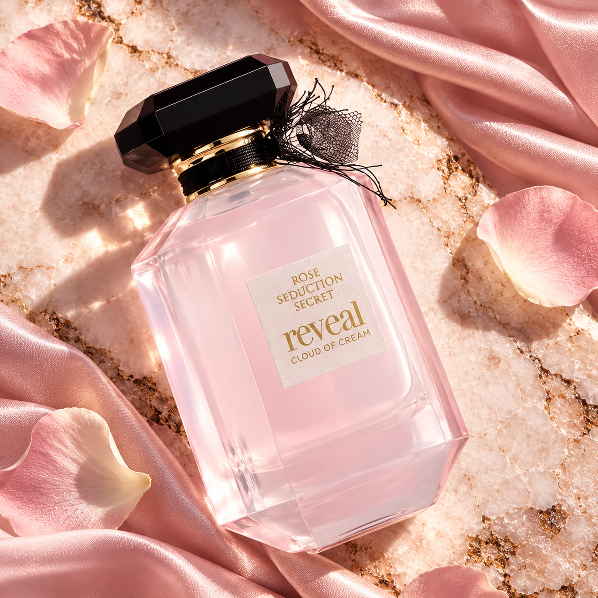 Fragrance World Rose Seduction Secret Reveal Cloud Of Cream Eau de Parfum 100ml overhead bottle composition