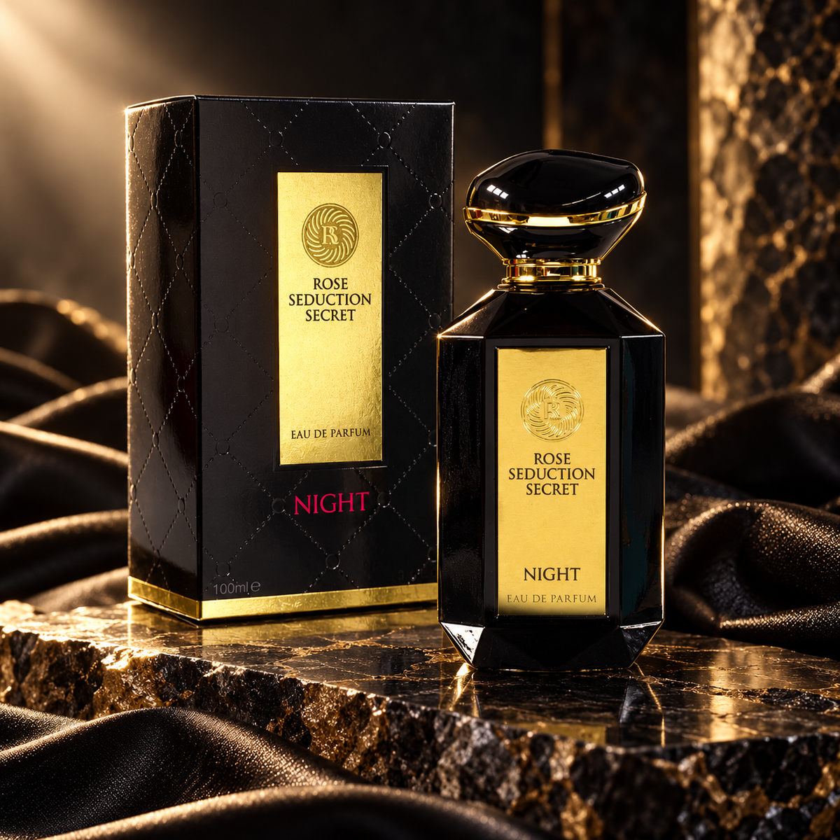 Fragrance World Rose Seduction Secret Night Eau de Parfum 100ml cinematic bottle and box