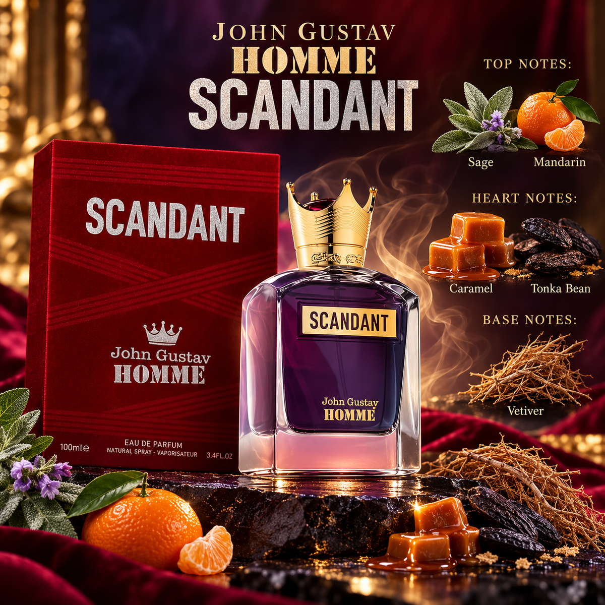 Fragrance World John Gustav Homme Scandant fragrance notes: top Sage, Mandarin; heart Caramel, Tonka Bean; base Vetiver
