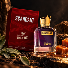 Fragrance World John Gustav Homme Scandant 100ml bottle and original box in a cinematic scent-inspired composition
