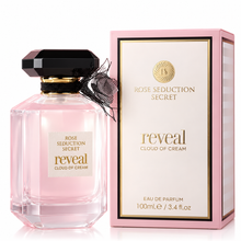 Fragrance World Rose Seduction Secret Reveal Cloud Of Cream Eau de Parfum 100ml bottle and original box on white