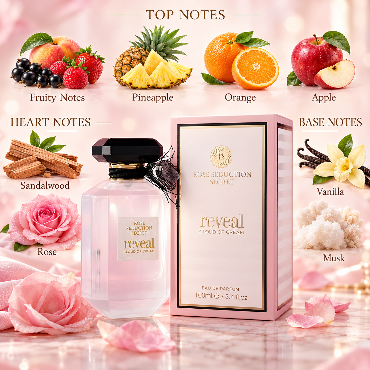 Fragrance World Rose Seduction Secret Reveal Cloud Of Cream Eau de Parfum 100ml Top Heart and Base fragrance notes