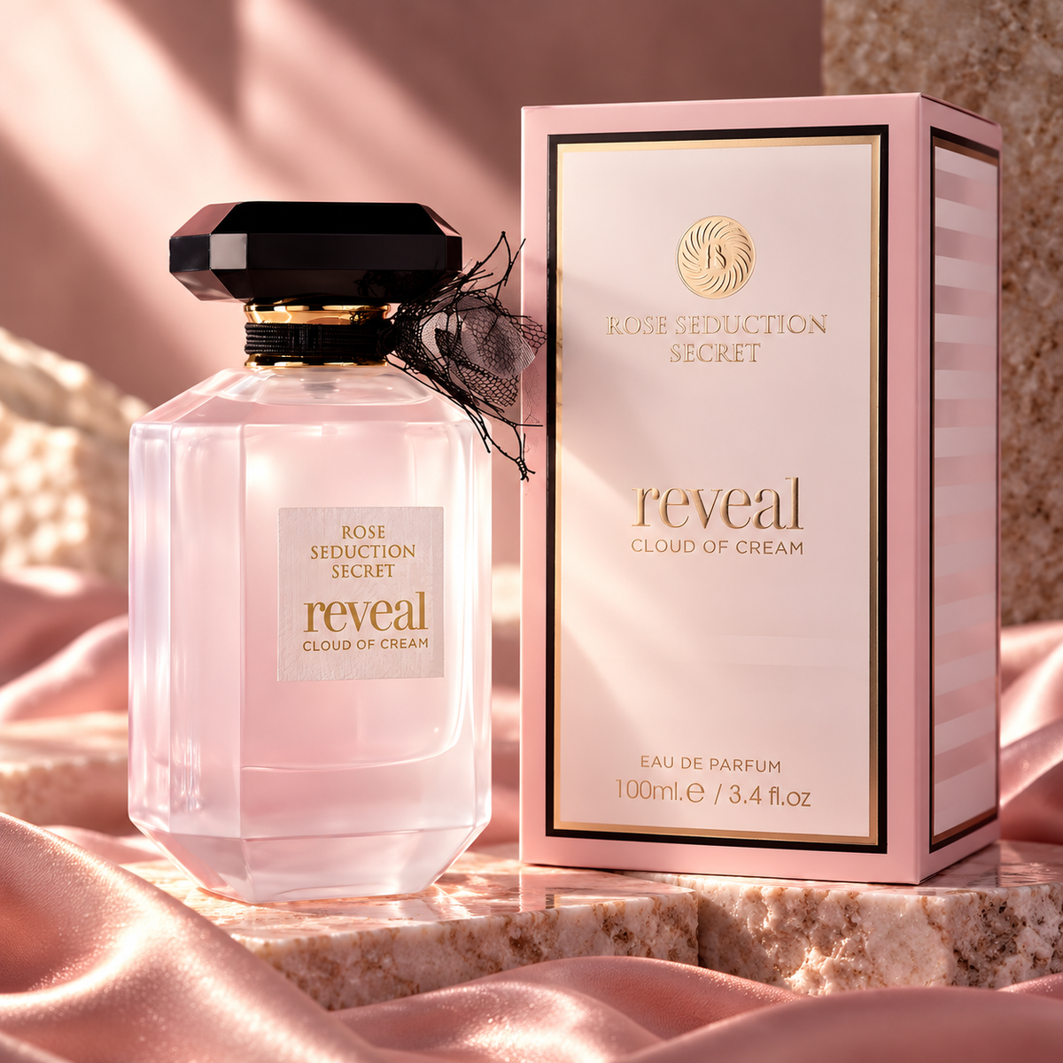 Fragrance World Rose Seduction Secret Reveal Cloud Of Cream Eau de Parfum 100ml cinematic bottle and box
