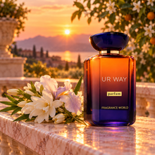 Ur Way Parfum bottle with iris and white flowers in sunset garden