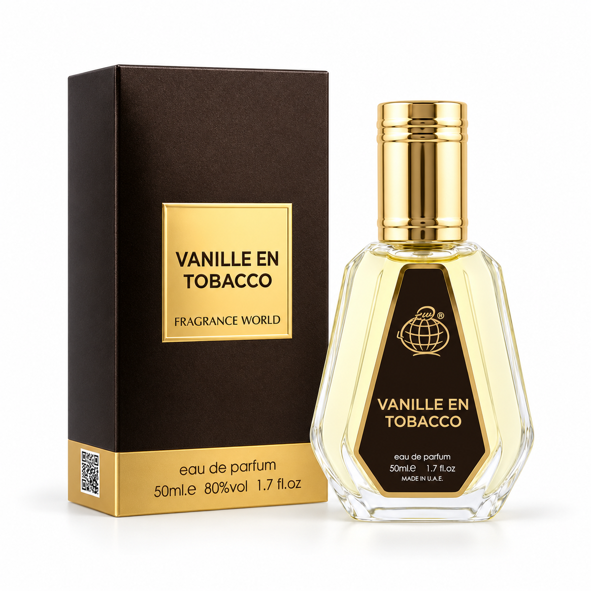Fragrance World Vanille En Tobacco 50ml Eau de Parfum bottle and original box on white