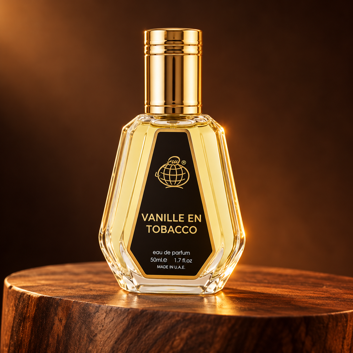 Vanille En Tobacco 50ml bottle with gold cap on walnut pedestal