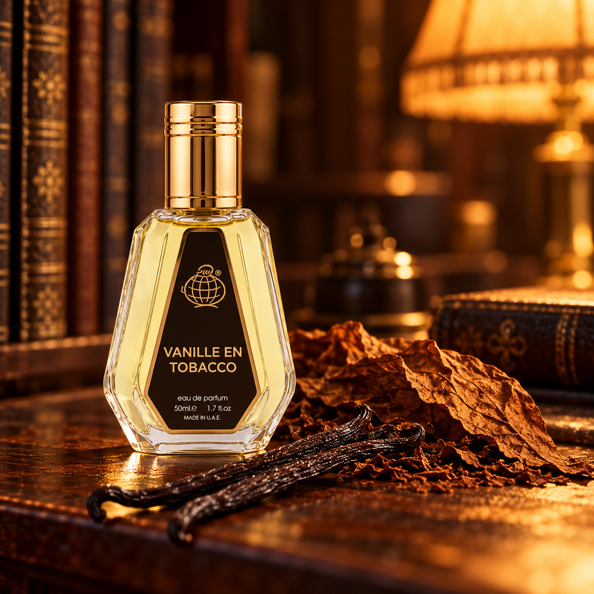 Vanille En Tobacco 50ml perfume with vanilla pods and tobacco leaf in a library setting