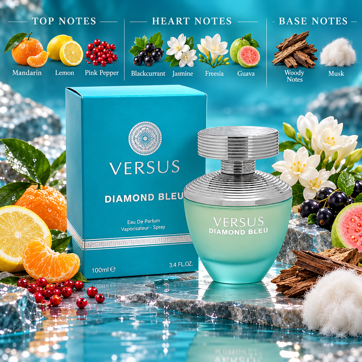 Fragrance World Versus Diamond Bleu Eau de Parfum 100ml Top Heart and Base fragrance notes