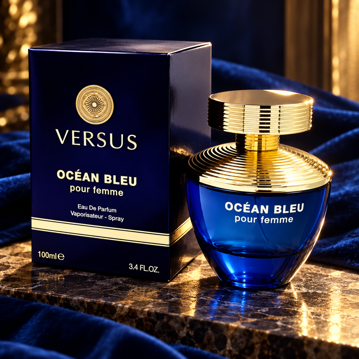 Fragrance World Versus Ocean Bleu Femme Eau de Parfum 100ml cinematic bottle and box