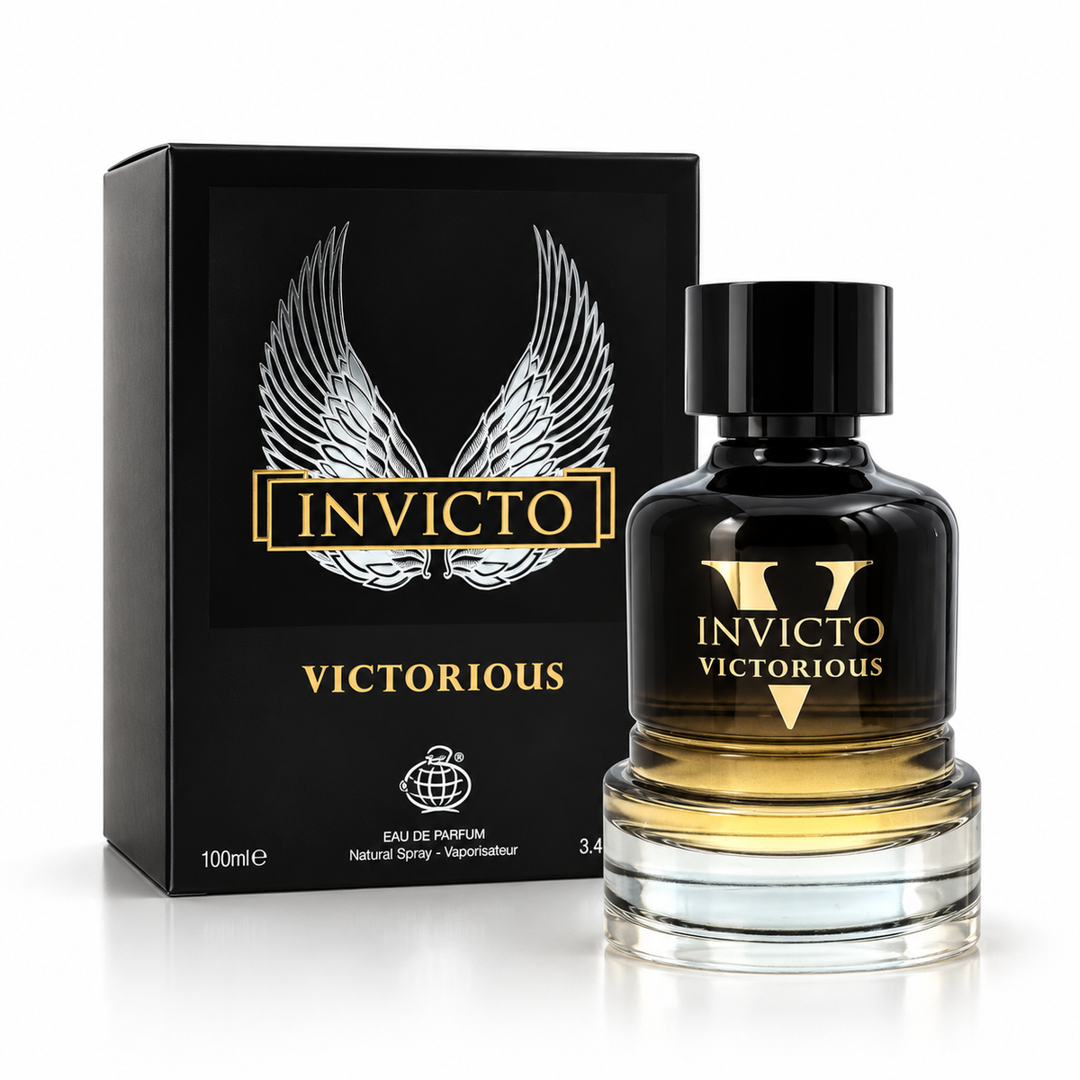 Fragrance World Invicto Victorious 100ml perfume bottle with original retail box on white